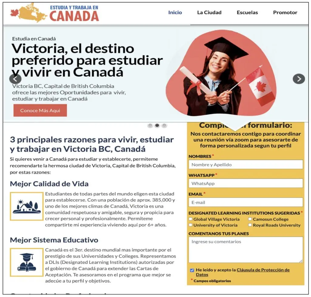A phishing website mimicking an educational resource, promoting Victoria, Canada as a destination for studying and living. The site includes a form asking for personal details like name, WhatsApp, and email, designed to deceive students.