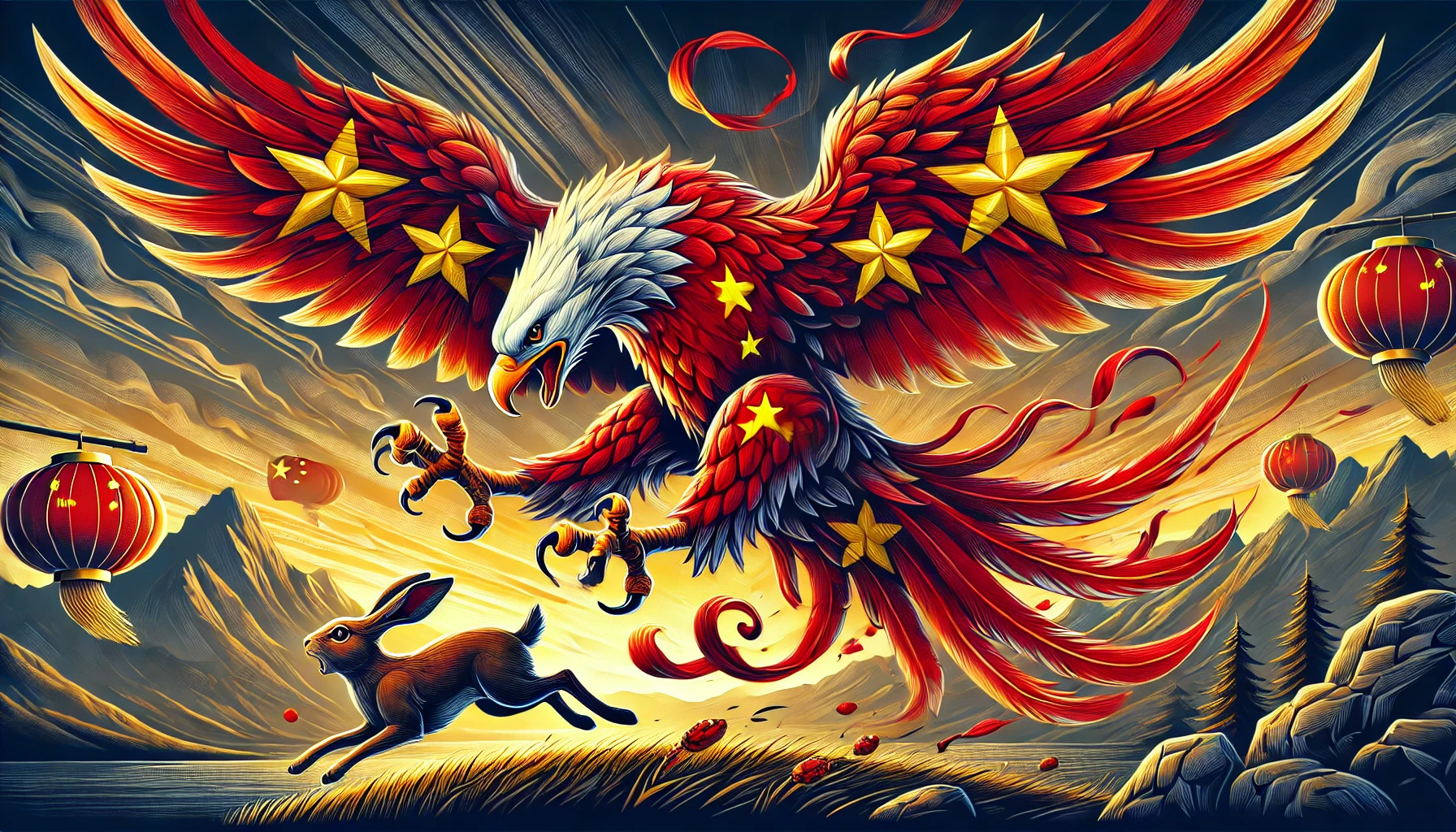 A vivid artistic depiction of an eagle with Chinese flag motifs chasing a rabbit, surrounded by lanterns and mountainous landscapes, symbolizing the pursuit and dominance in a metaphorical or geopolitical context.