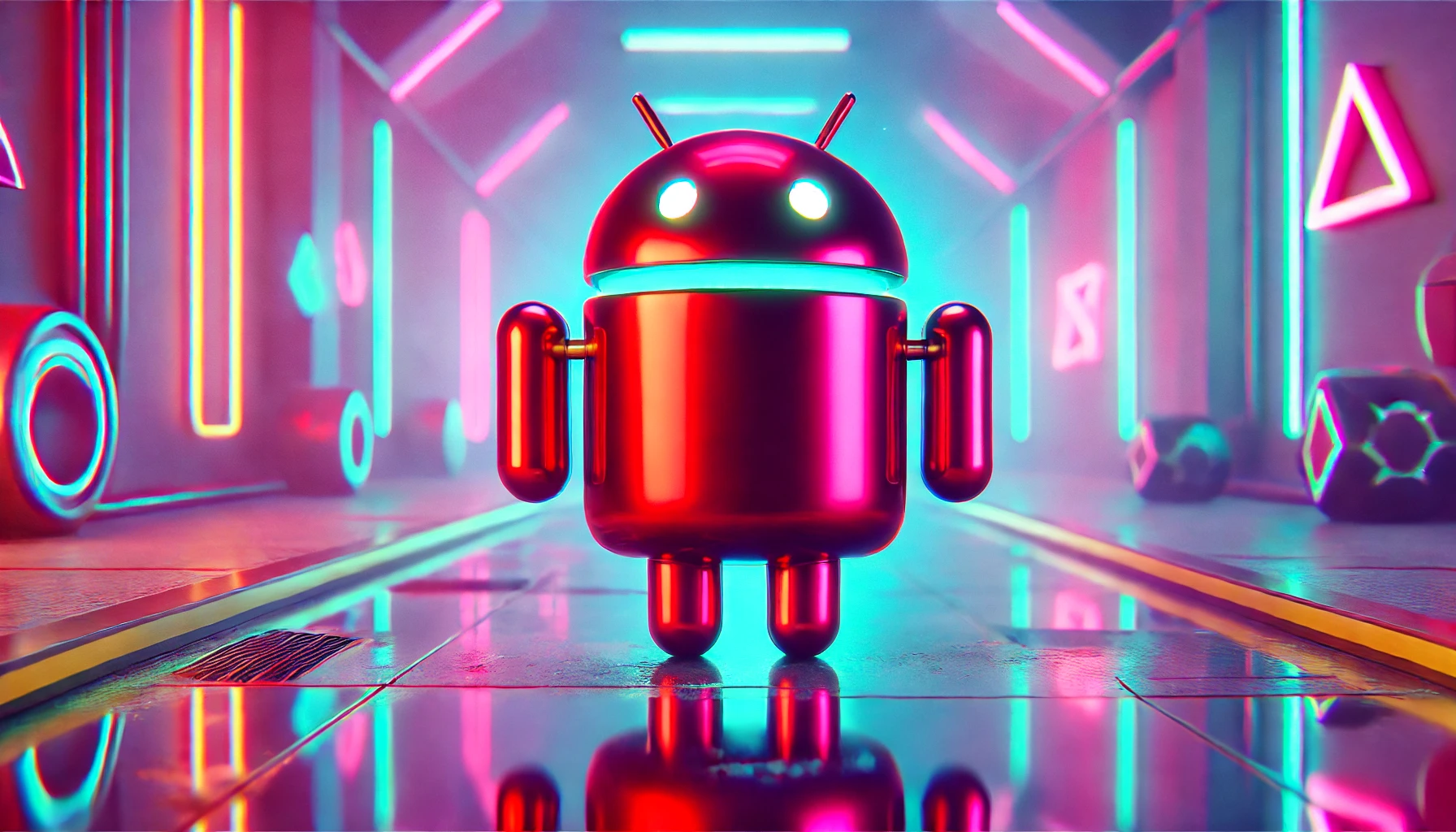 Glossy red robot with round body and antennae, standing on reflective surface against neon-lit background, rendered in oil painting style with pastel colors and white-glowing eyes