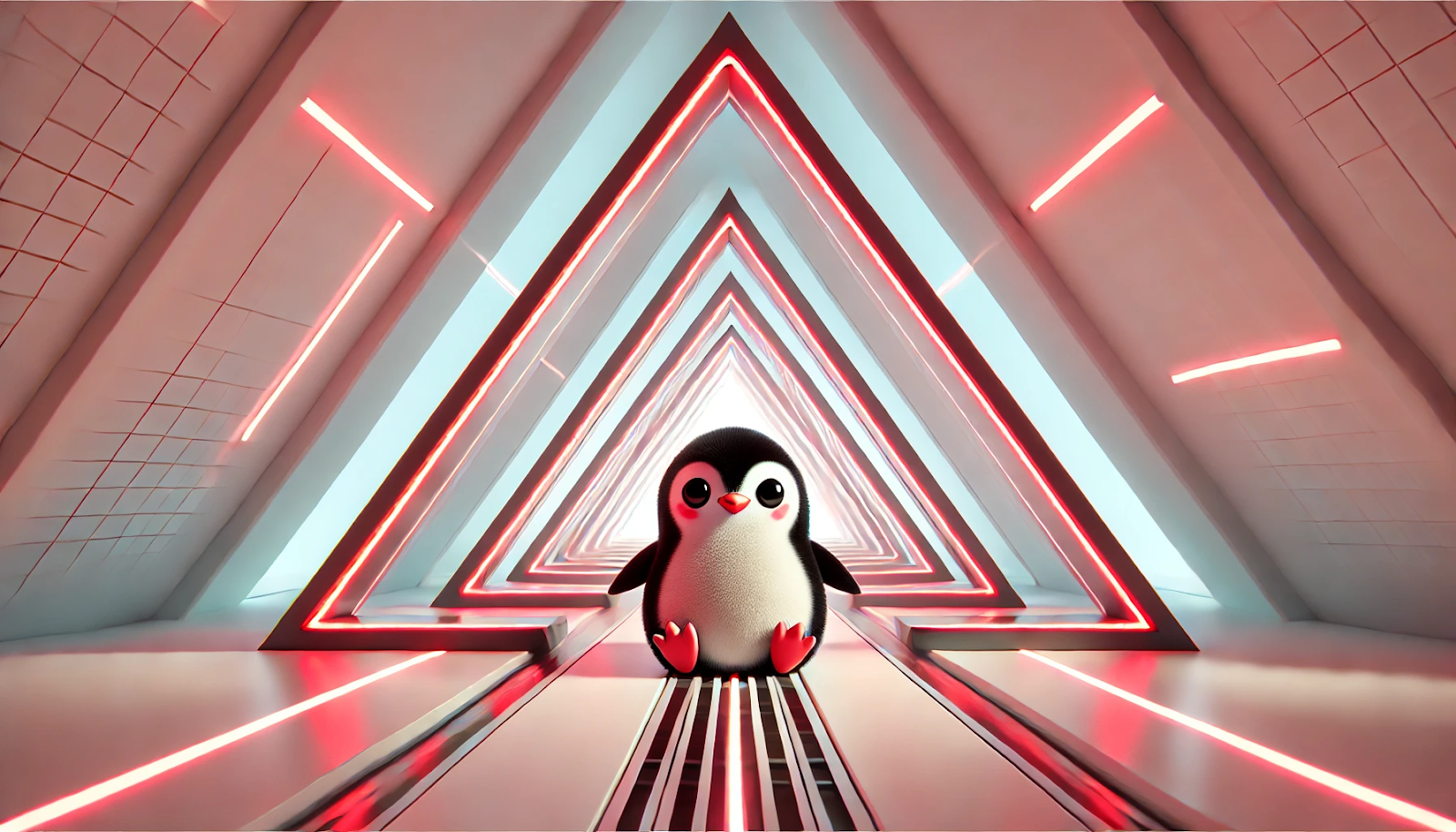 Black and white penguin sitting in a futuristic red-lit triangular tunnel, rendered in line art style with pastel colors