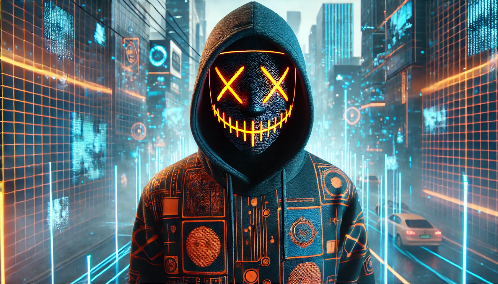 A masked figure in a digital urban landscape, blending technology and human silhouette with glowing geometric patterns