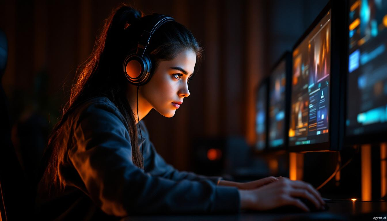 A focused individual working in a dimly illuminated computer room, their face softly lit by monitor screens while wearing a headset