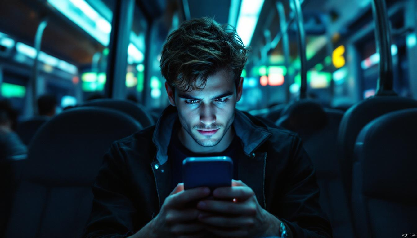 featuring a person clicking on a fake CAPTCHA ads on his phone traveling in a metro train