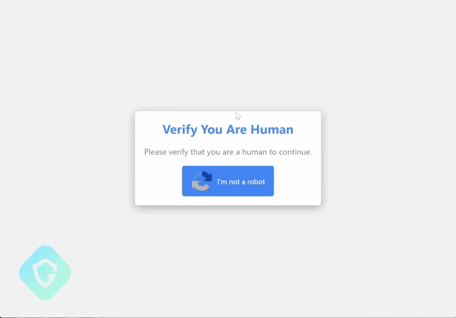 An image of a fake CAPTCHA verification prompt with the message 'Verify You Are Human' and a blue button that reads 'I'm not a robot.' This deceptive prompt is part of a malvertising attack flow, tricking users into unknowingly executing malicious PowerShell commands.