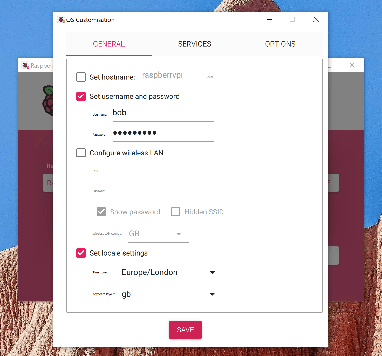 A configuration window for Raspberry Pi OS shows options to set username, password, and locale settings like time zone and keyboard layout.