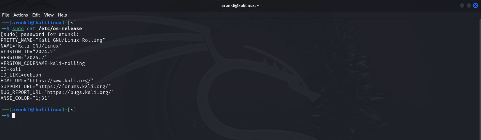 A terminal window displays the result of the cat /etc/os-release command, confirming the Kali Linux version as 2024.2.