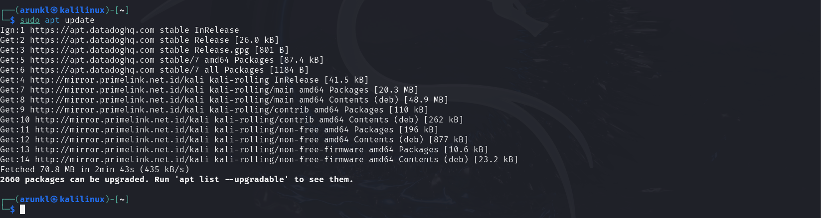 A terminal window displays the output of the sudo apt update command, listing repositories and indicating 2660 packages can be upgraded.