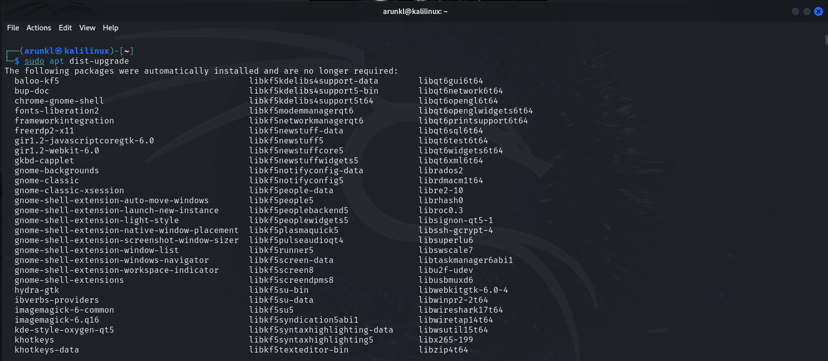 A terminal window displays the result of the sudo apt dist-upgrade command, listing unused packages no longer required in Kali Linux.