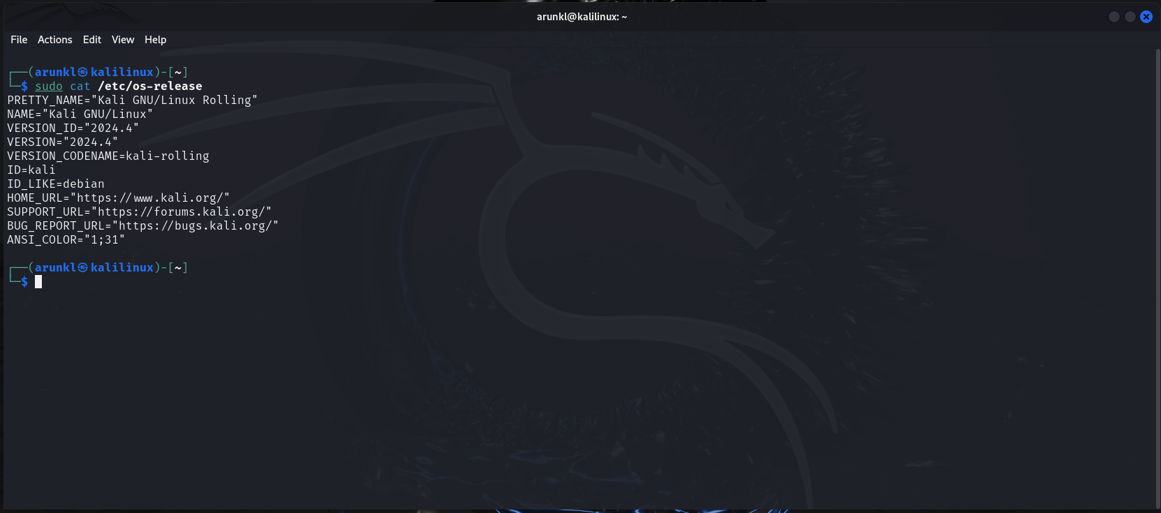 A terminal window displays the output of the cat /etc/os-release command, confirming the system version as Kali Linux 2024.4.