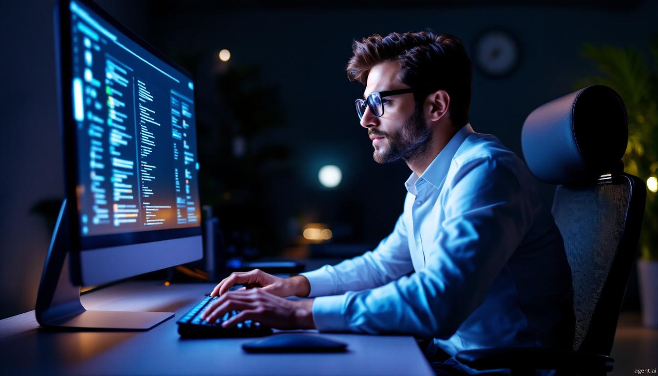 A man wearing glasses works on a computer with code displayed on the screen in a dimly lit room.