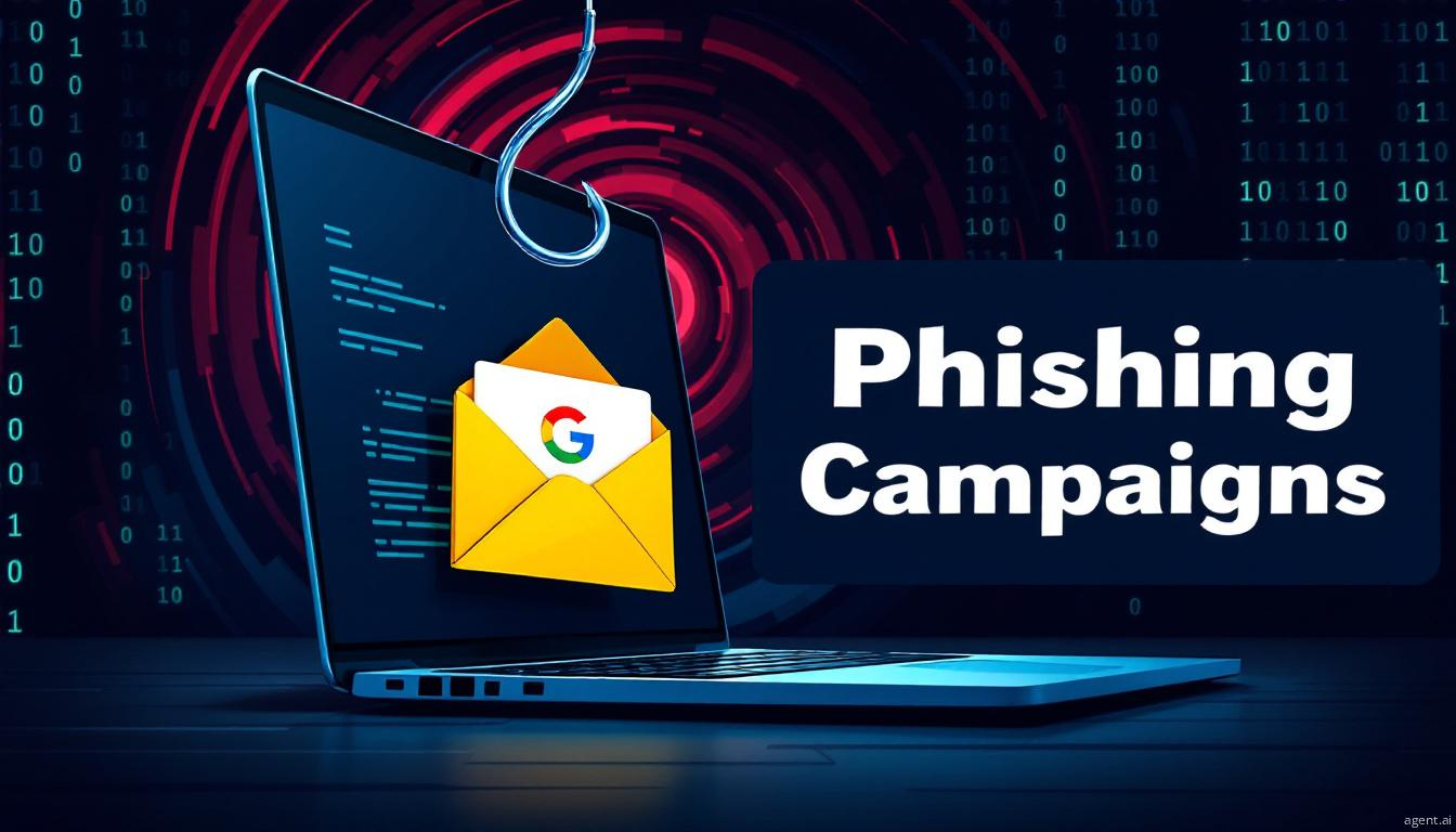 A laptop screen showing a digital interface, with a yellow envelope and a fishing hook symbolizing an email scam targeting online users.