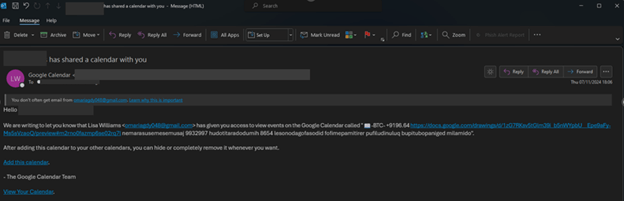 An email interface displaying a phishing attempt that appears to be a Google Calendar sharing invitation, including suspicious links and deceptive content.