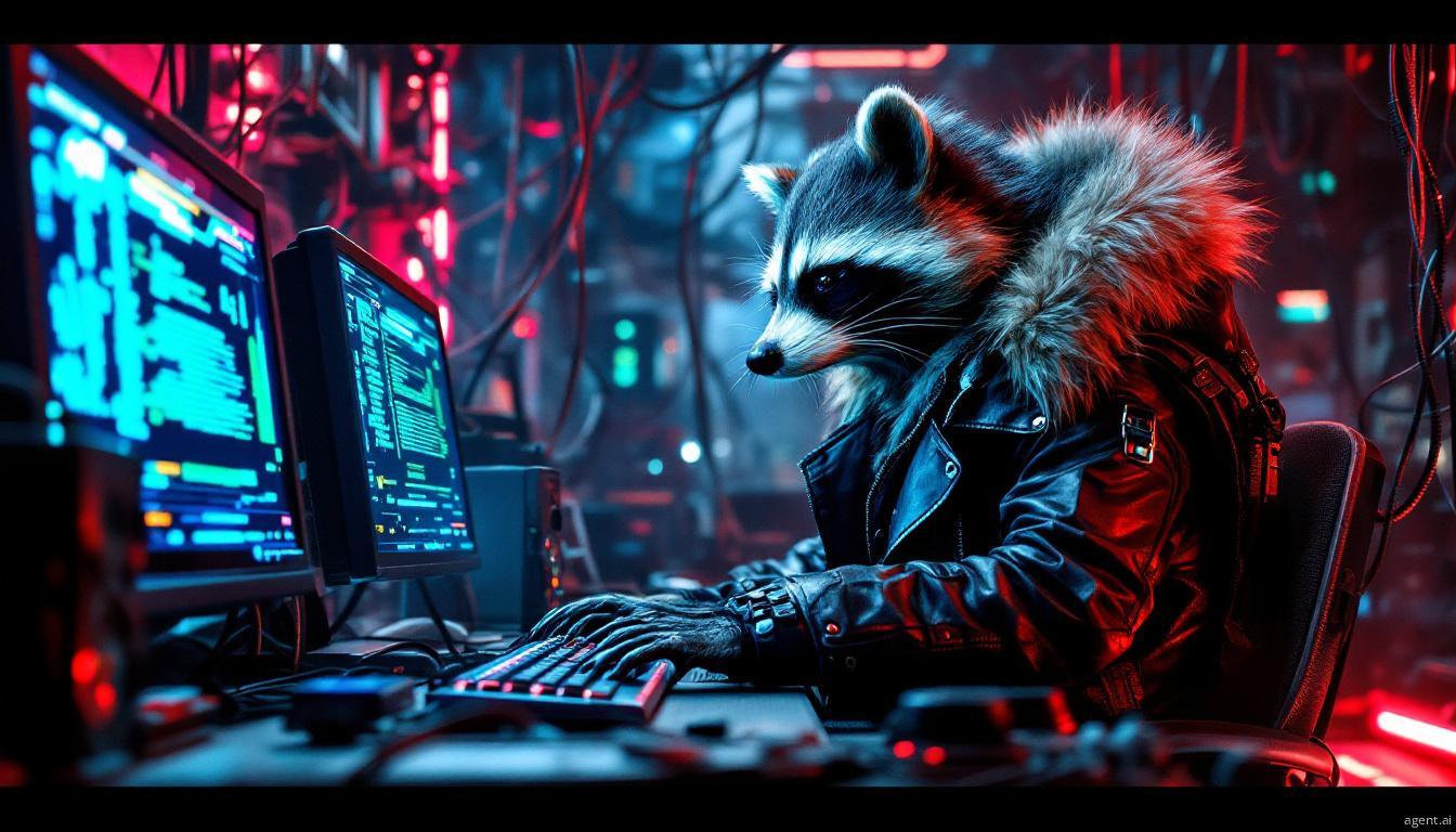 A cyberpunk raccoon amid a high-tech computer lab, wearing a dark hooded jacket while surrounded by electronic equipment and glowing monitors