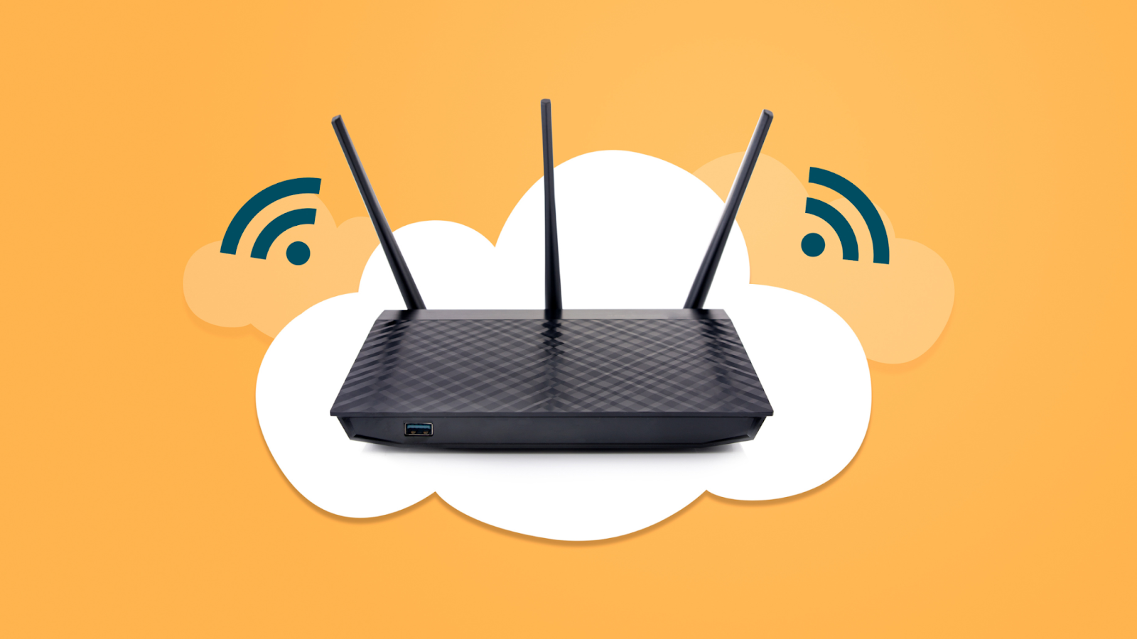 Wireless router sitting on a wooden surface near a small plant