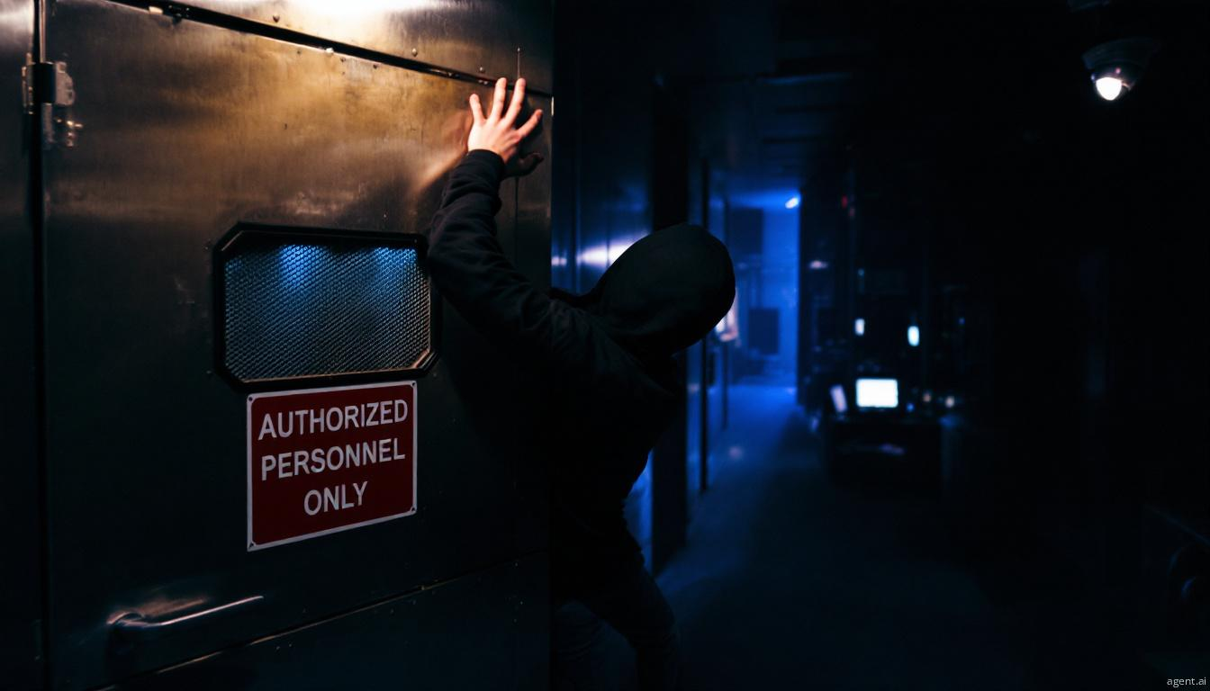 A dimly lit corridor with a partially open metallic door, showing a hooded figure peering out cautiously, surrounded by faint blue light and hints of computer monitors and security cameras