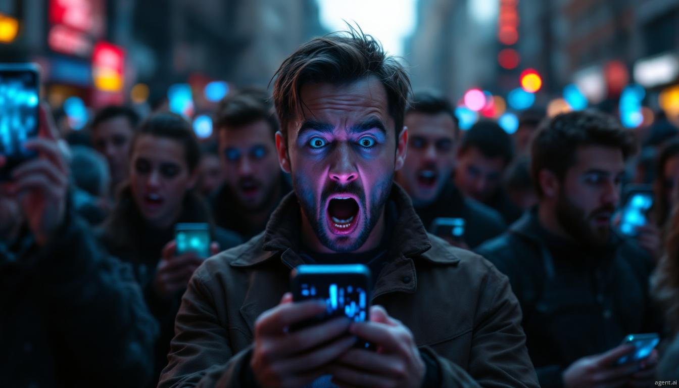 A man looks shocked amid a crowd of people absorbed in their smartphone screens on a city street at night