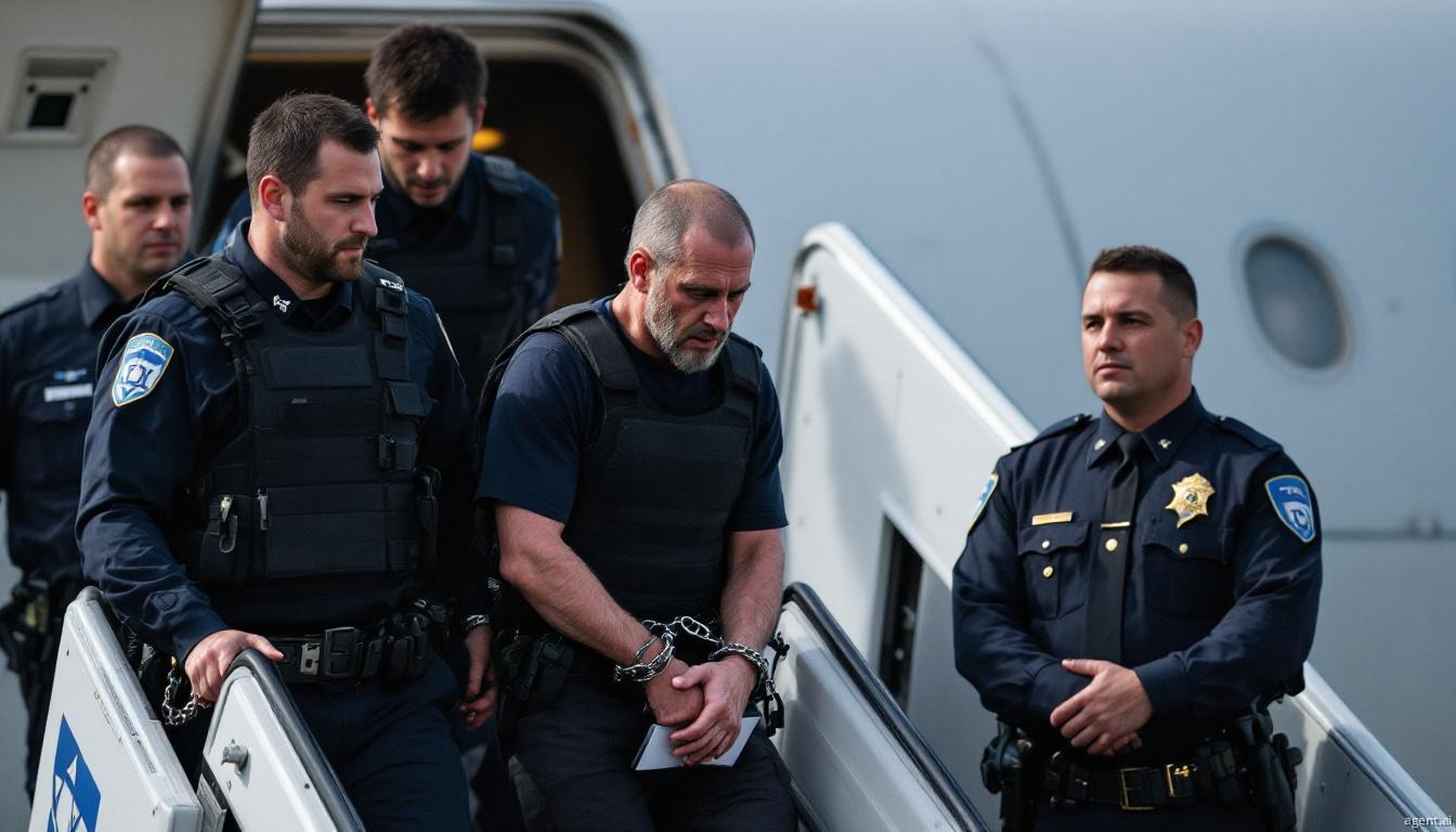 Law enforcement officers escorting a restrained individual down airplane steps with multiple officers in tactical gear surrounding the suspect