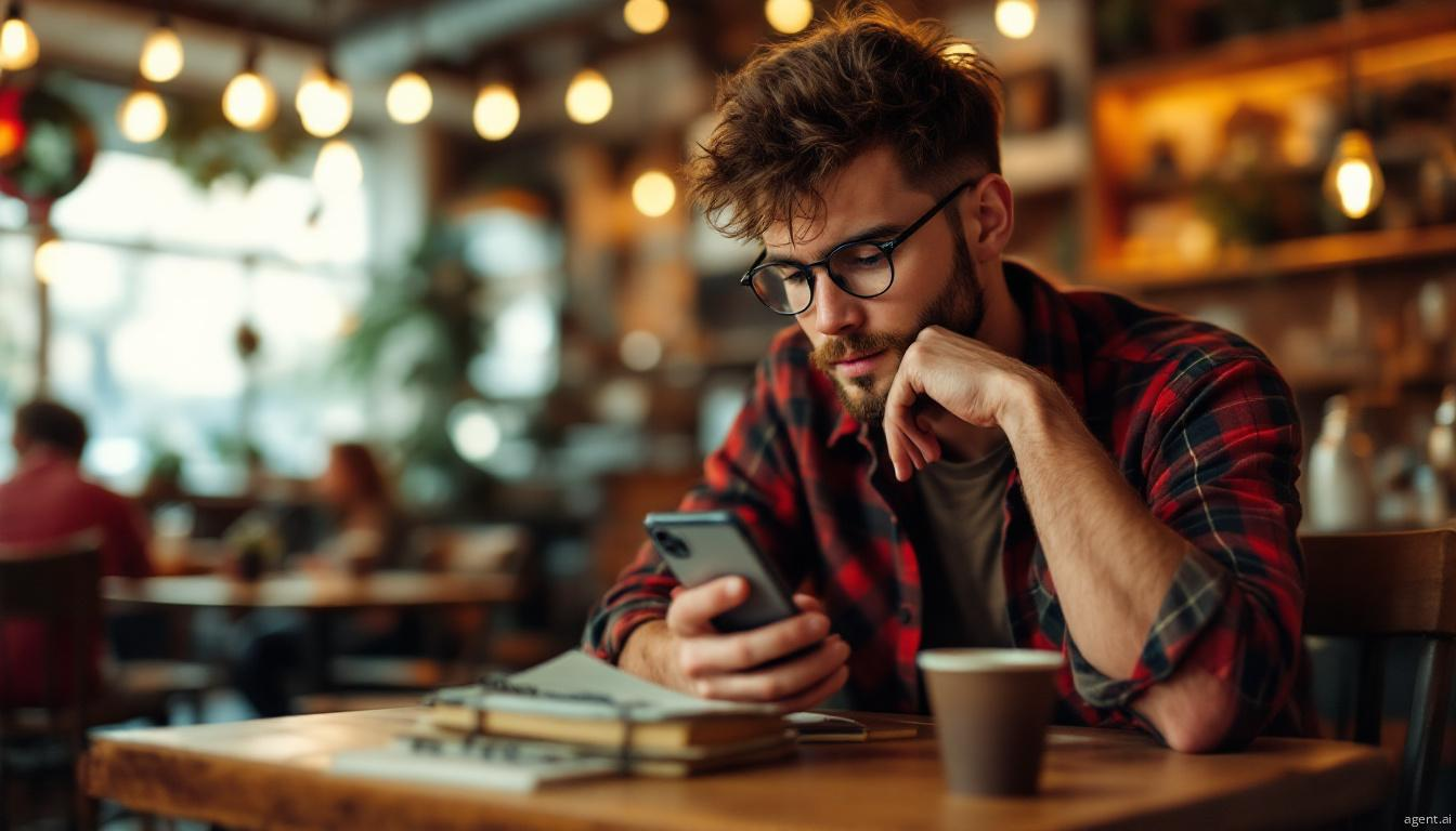 A person with short hair and a beard looks thoughtfully at their phone while sitting at a café table with notebooks and a coffee cup