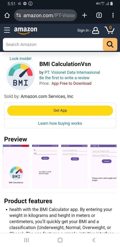 BMI Calculator app listing on Amazon showing app name, preview images, download button, and product features.