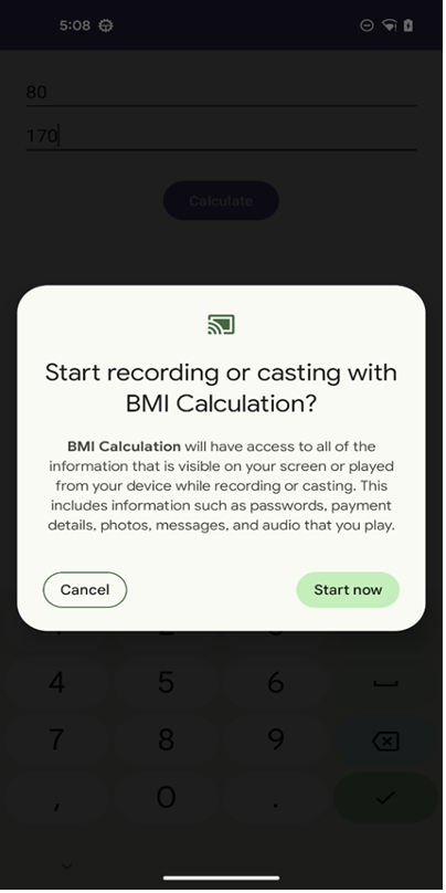 A BMI Calculation app permission dialog asking for access to record or cast screen content, including sensitive data like passwords, payment details, and messages.