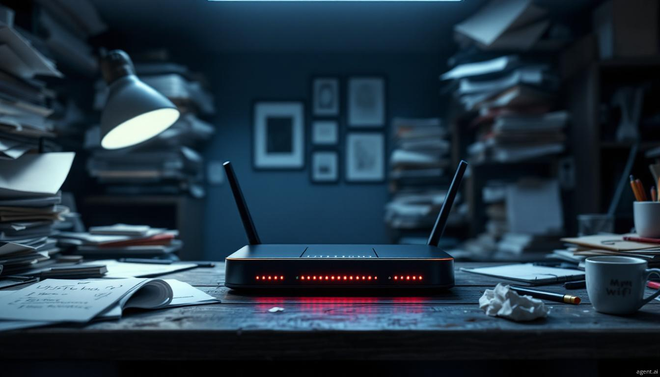 A wireless router with glowing red lights sits on a cluttered wooden desk amid scattered papers and a coffee mug, illuminated by a soft desk lamp
