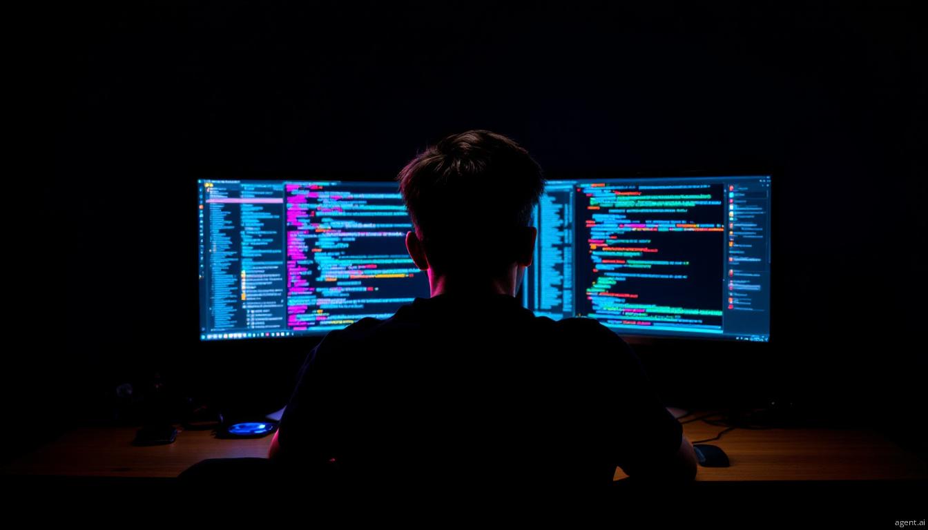 A programmer sits at a desk, focused on computer screens displaying complex code while artistic graphic overlays drift around their workspace