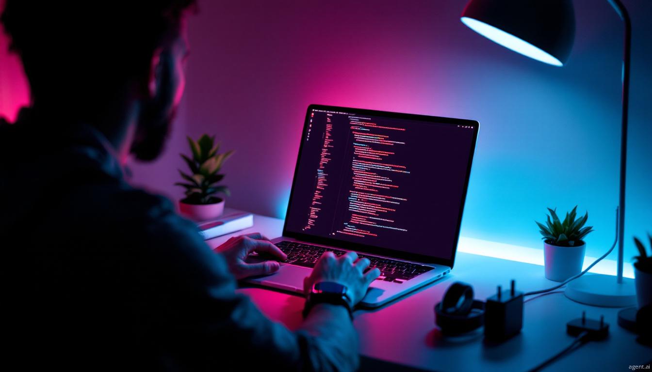 A programmer sits at a desk, working intently on a laptop surrounded by small plants and tech accessories, with code illuminating the dim workspace