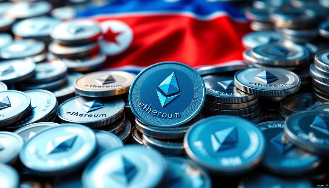 Ethereum coins with digital glitch effect, merging with a stylized North Korean flag design