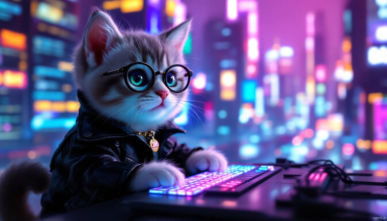 A stylish kitten with glasses and a leather jacket prepares to type on a colorful keyboard, with a futuristic cityscape glowing in the background