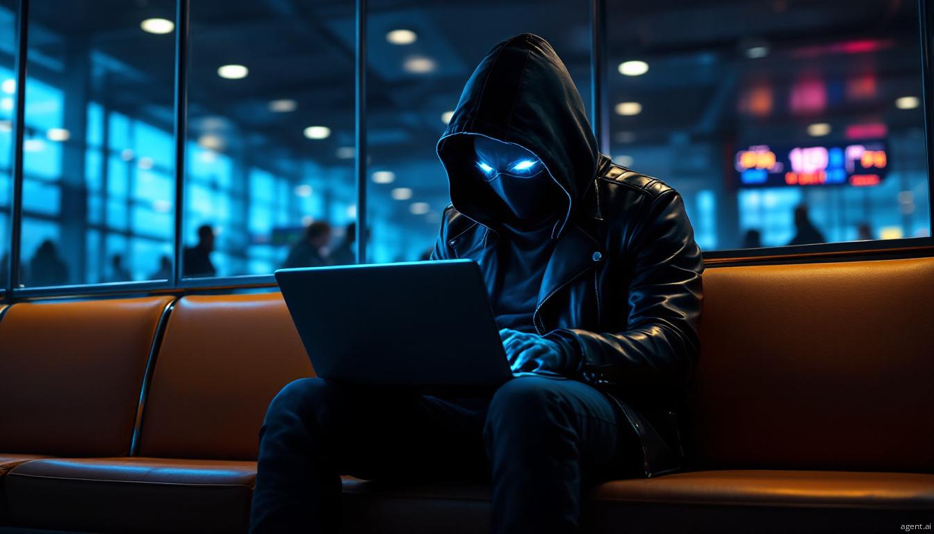 A person wearing a dark hoodie works intently on a laptop in a dimly lit café, their face illuminated by the screen's glow
