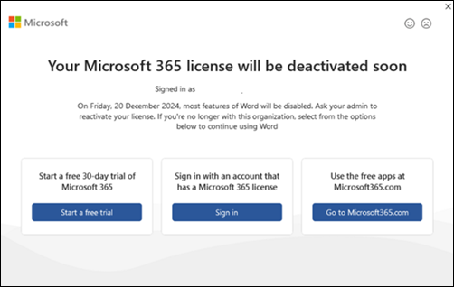 Notification from Microsoft about an upcoming license deactivation for Microsoft 365, with options to start a trial, sign in with a licensed account, or use free apps online.