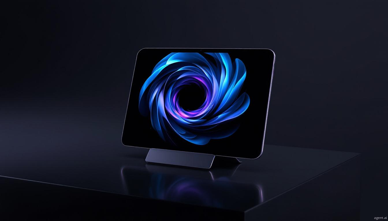 A sleek tablet standing on a surface, showcasing an abstract blue swirl artwork against a minimalist dark background