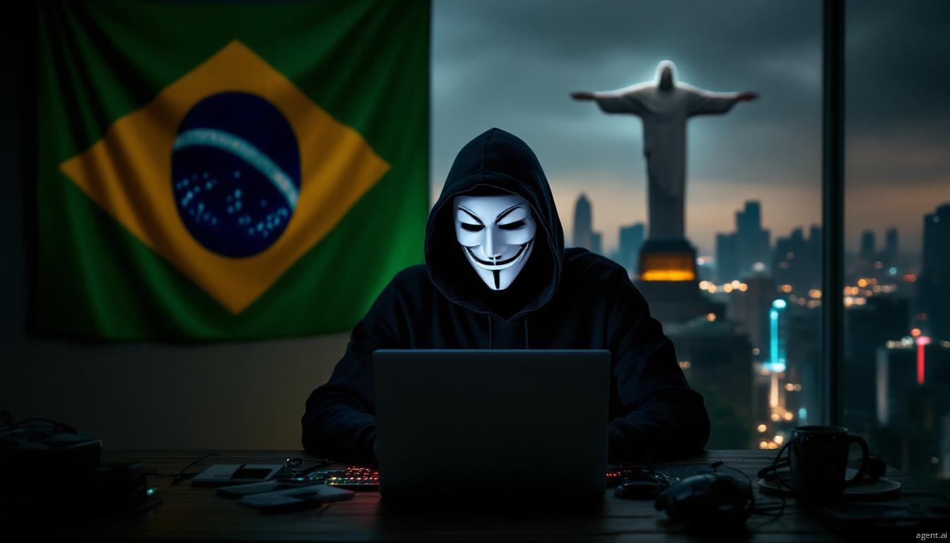A figure in a dark hoodie and white mask types on a laptop, with a Brazilian flag and Christ the Redeemer statue in the background