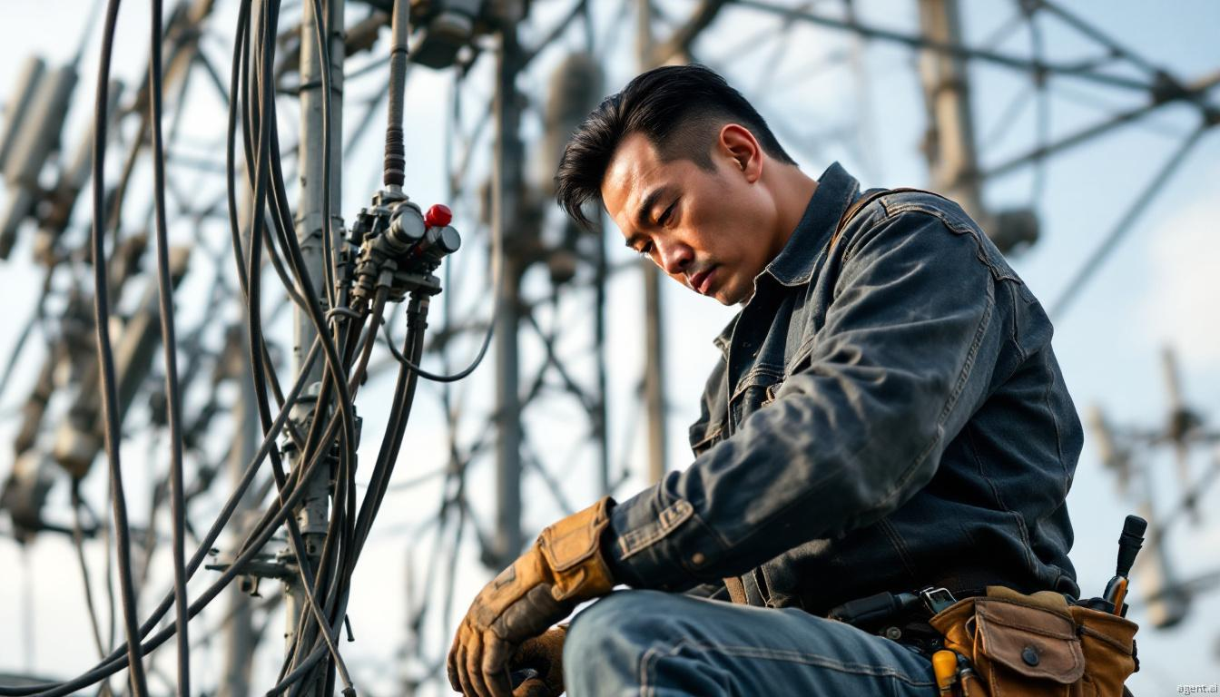 A Chines man seriously working near telecom towers