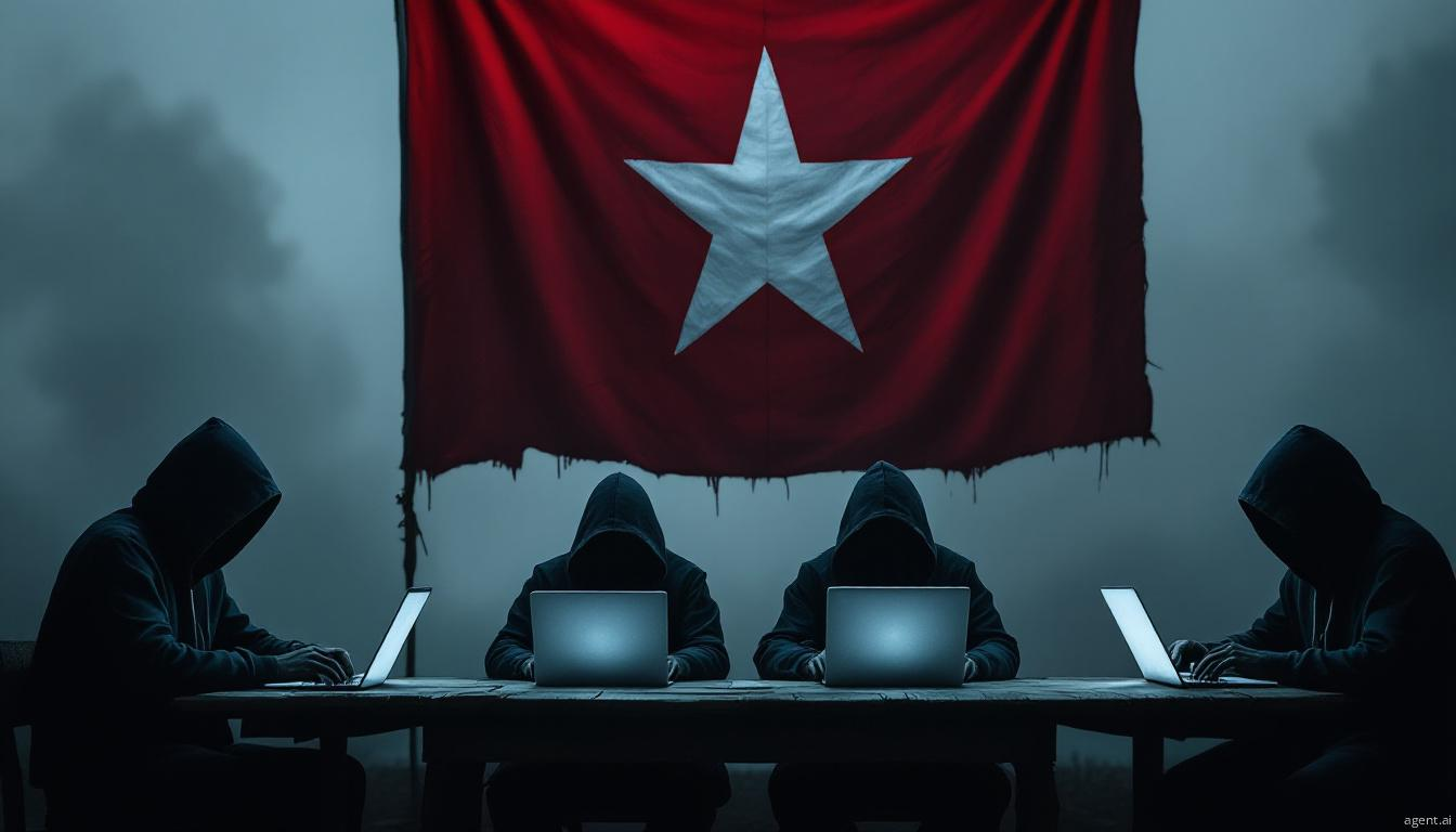 A group of hooded figures gathered around a table, working intently on laptops with a misty red flag hanging in the background