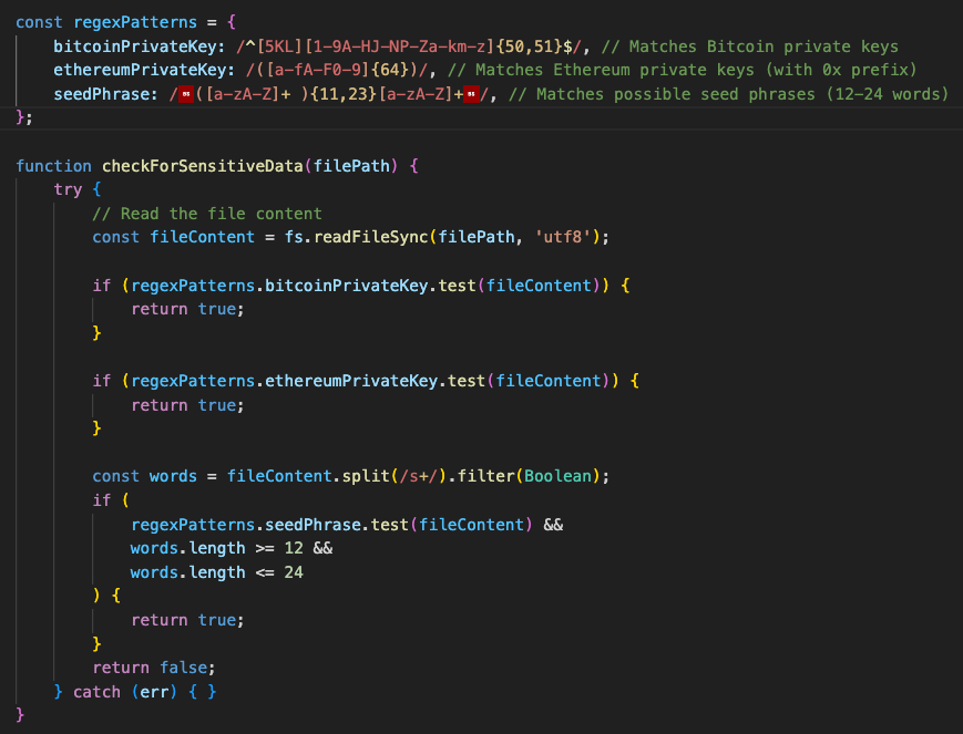 A JavaScript function that reads file content and checks for sensitive data using regex patterns to identify Bitcoin private keys, Ethereum private keys, and possible seed phrases with 12 to 24 words.