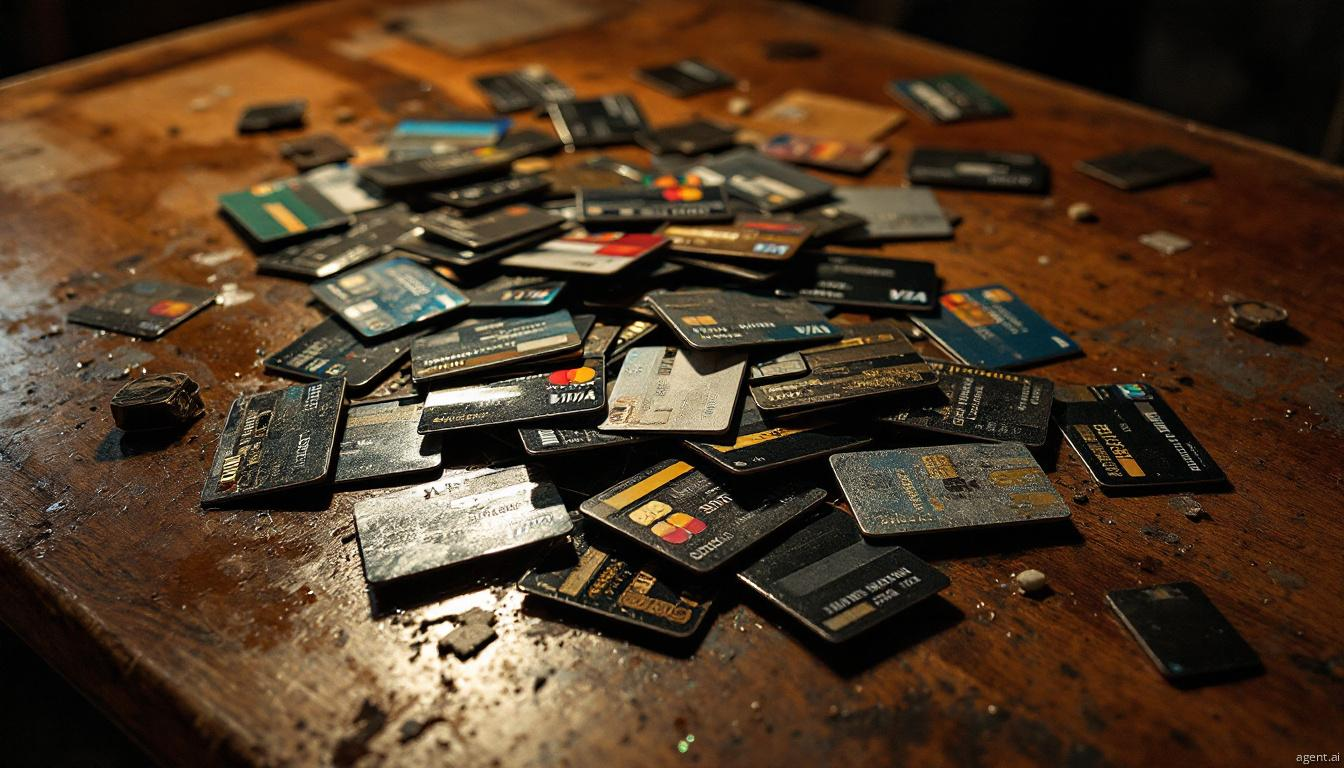 A collection of credit cards spread across an aged wooden surface, showcasing different brands and colors in soft, muted lighting