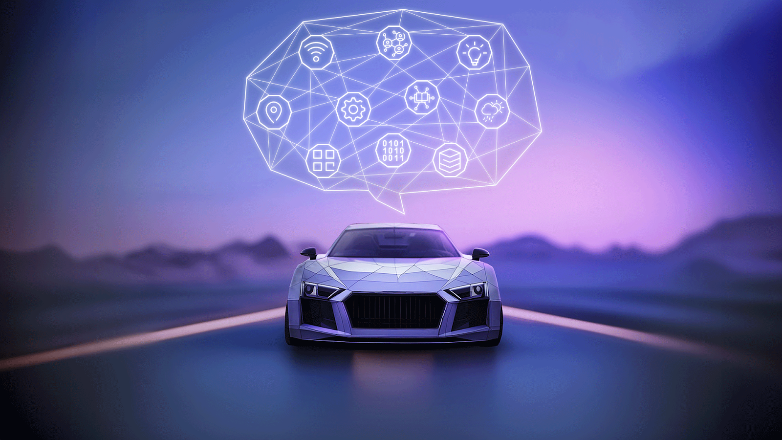 A high-tech sports car on an empty road with a digital network overlaid, symbolizing advanced technological connectivity