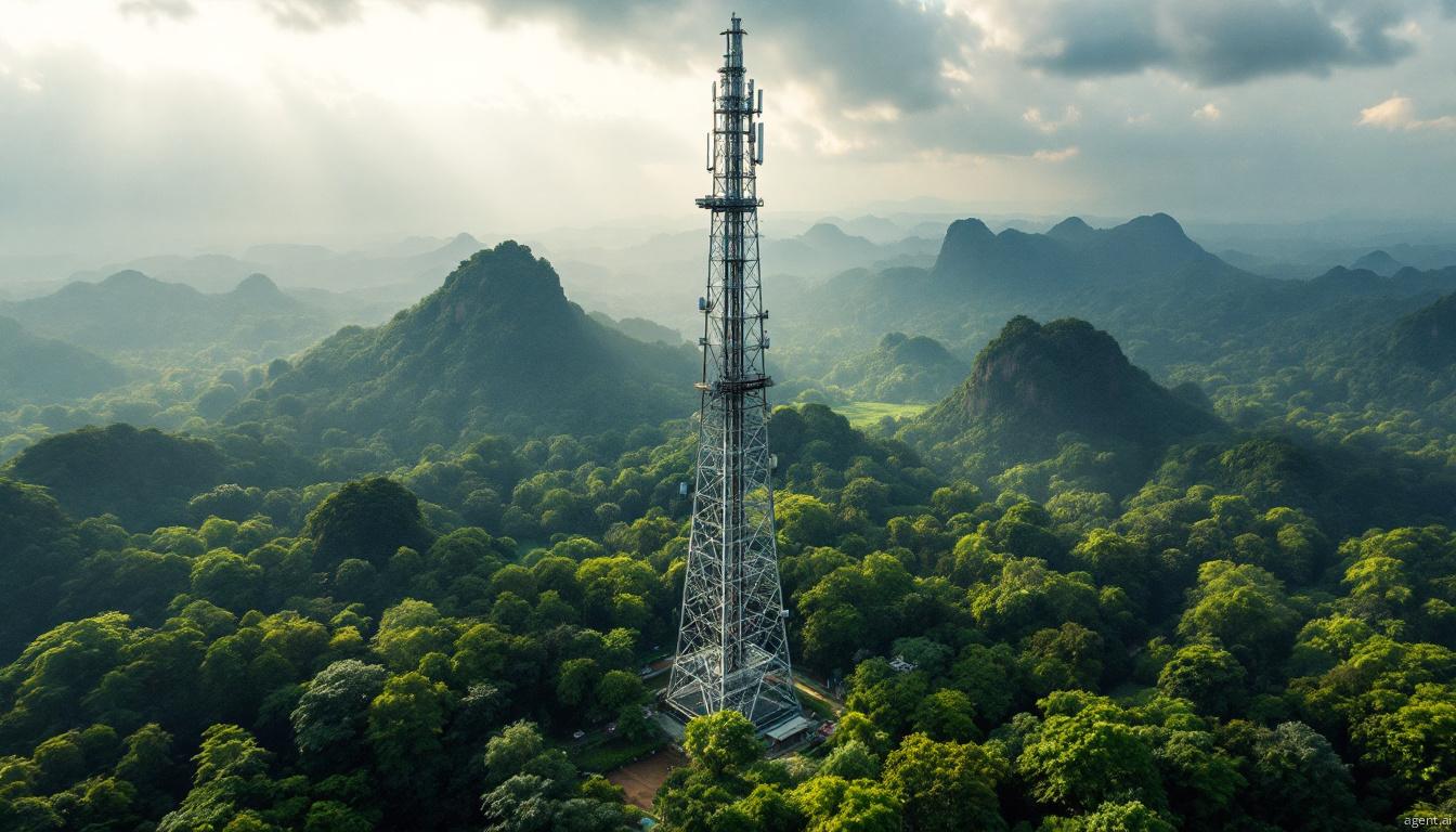 A communication tower rises among dense forest trees with distant mountain ranges in the background
