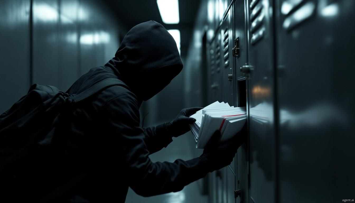 A mysterious figure in a dark hoodie opens a metal locker in a dim hallway, holding several white envelopes