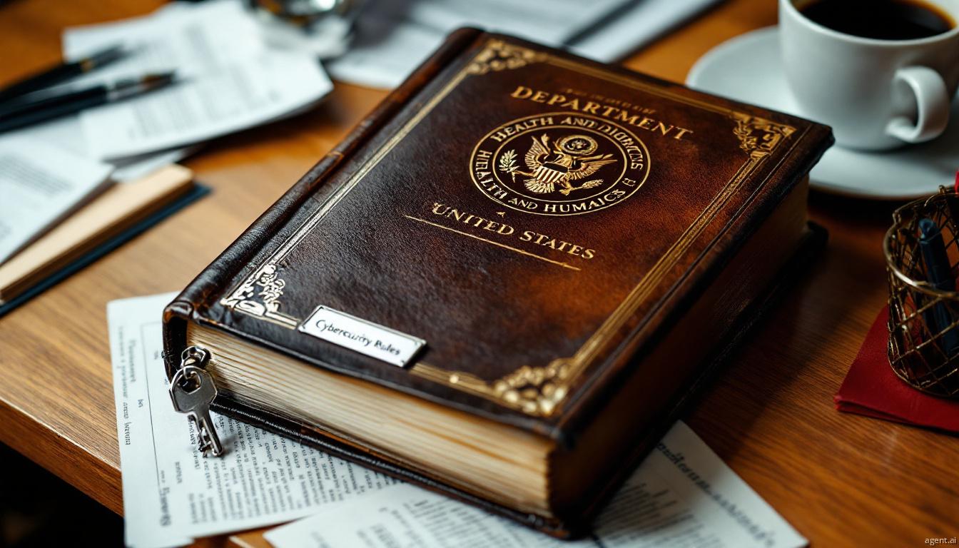 Government health policy book with leather binding and official seal, resting on a wooden surface with scattered documents and an antique key.
