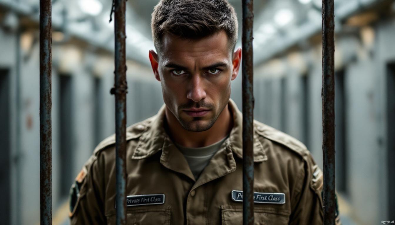 A soldier stands behind bars, looking straight ahead with unwavering determination