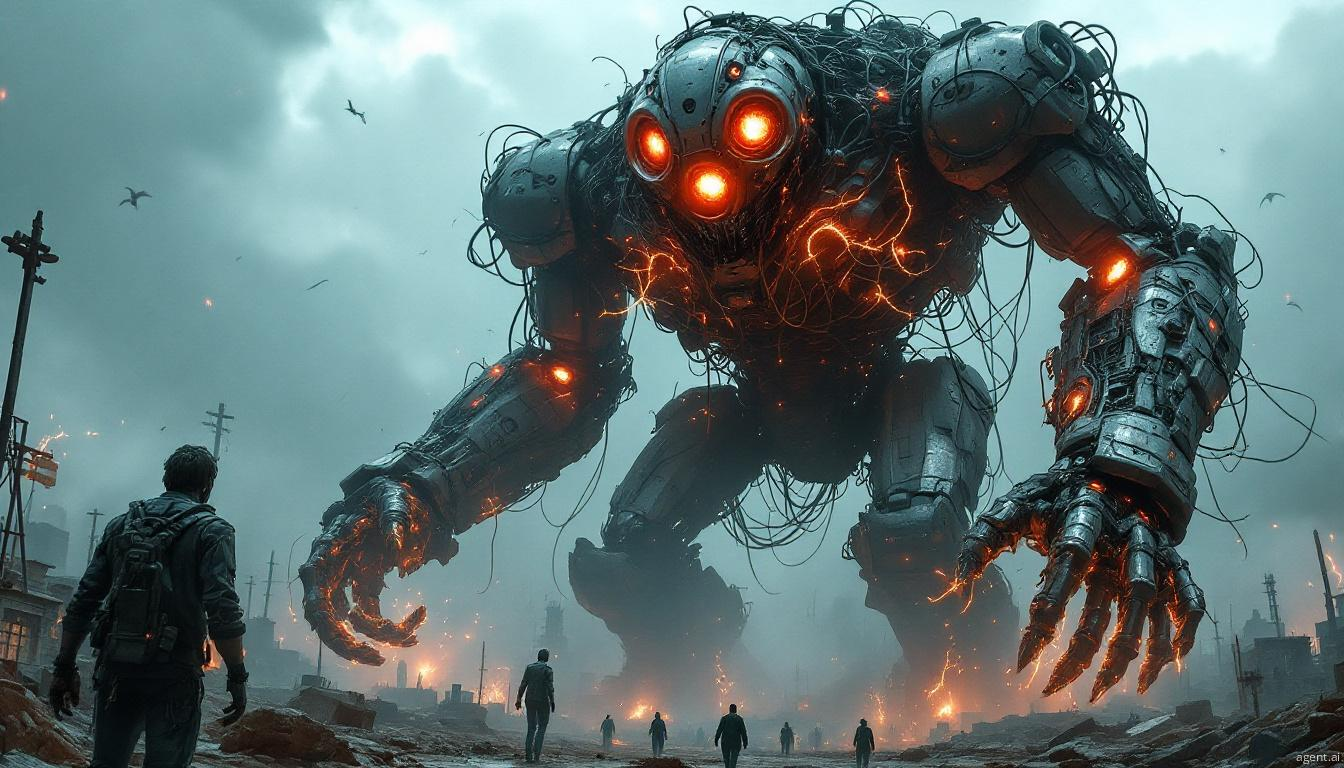 Massive robotic figure dominates devastated city with small human figures below, conveying an atmosphere of technological apocalypse