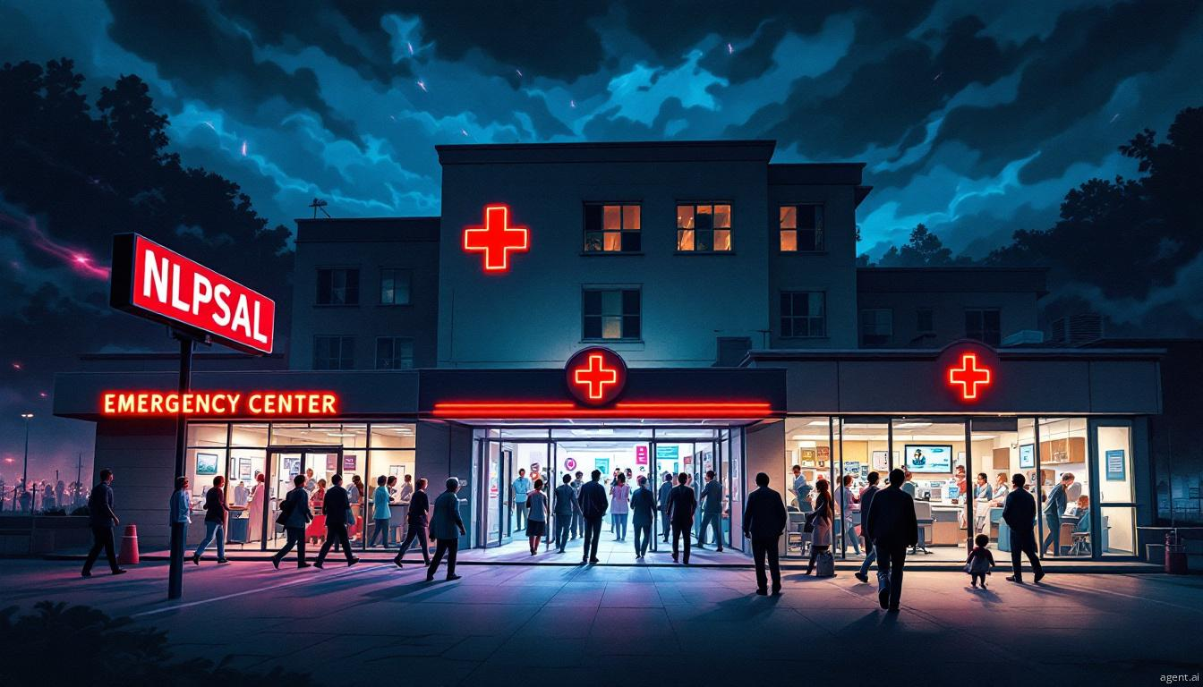 People hurrying toward a medical facility under stormy skies