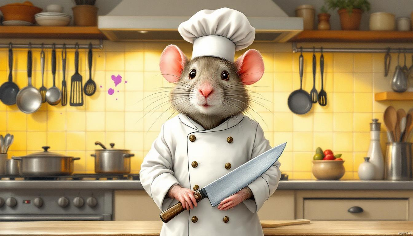 A charming anthropomorphic rat chef stands confidently in a kitchen, wearing a chef's hat and jacket, holding a knife with cooking utensils and ingredients surrounding him