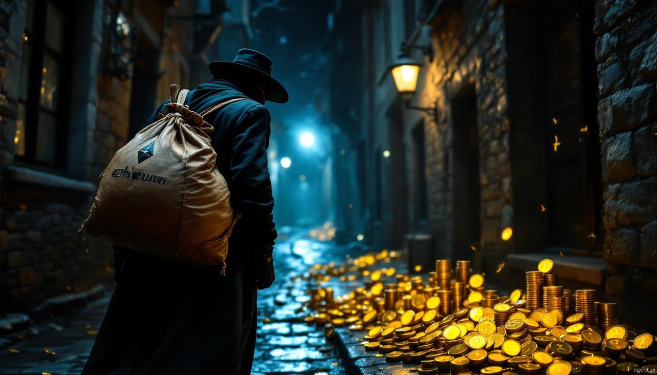 A mysterious figure walks away down a moonlit cobblestone alley, surrounded by scattered golden coins