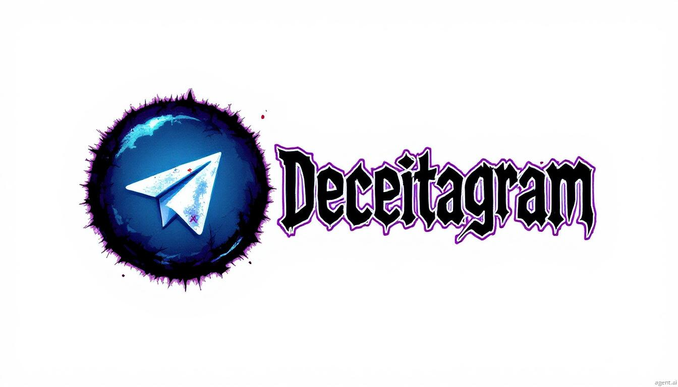 A stylized representation of the Telegram logo hidden within a dark, swirling blue and purple emblem, alongside the word "Deceitagram" in gothic lettering