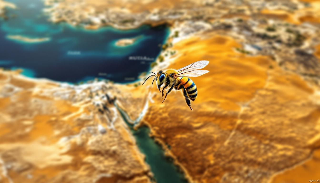 A honeybee soaring above a desert landscape with water and vegetation visible below