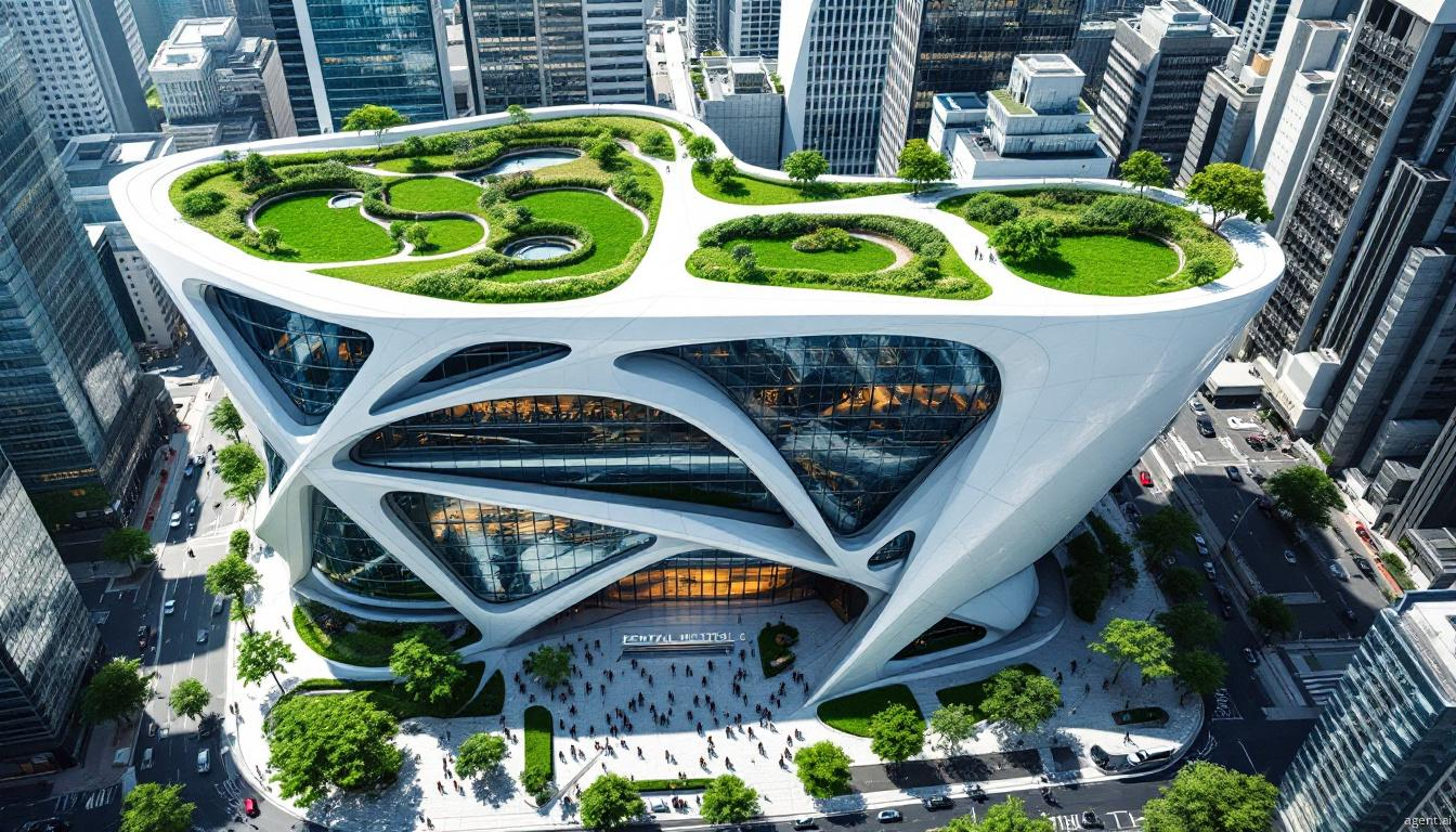 A modern architectural marvel rising among city skyscrapers, featuring a green rooftop garden and innovative curved glass facade, seamlessly blending natural and urban environments